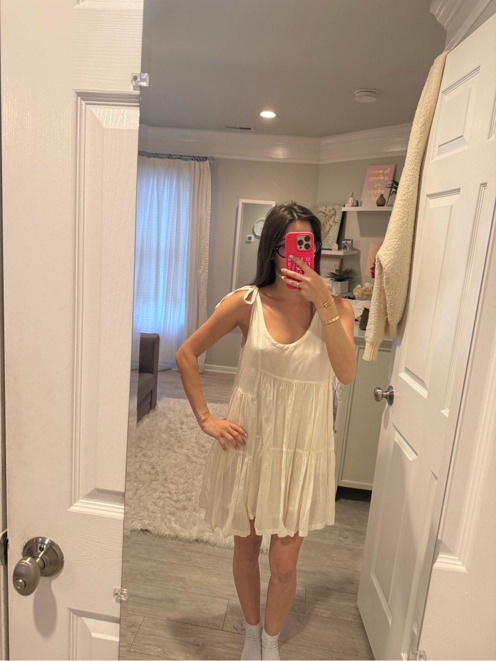 DKNY Cream Tie-Shoulder Tiered Mini Dress